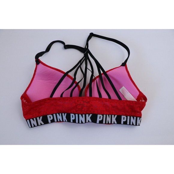 Pink logo Red 32B Lace Front Clip Strappy Bra Cheetah Print Victoria Secret - Picture 6 of 6